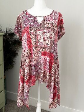 Cato Pink and Cream Paisley Patchwork Shark-bite Tunic  (Small)